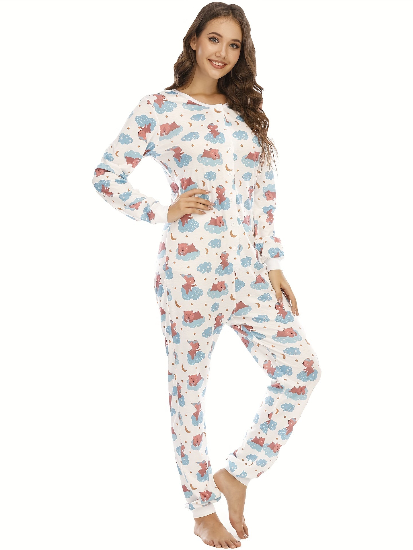 Cartoon Print Pajama Jumpsuit Long Sleeve Pajama Women's Lingerie