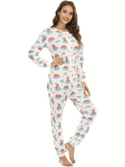 Cartoon Print Pajama Jumpsuit Long Sleeve Pajama Women's Lingerie