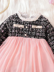 Baby Girls Lace Collar Mesh Dress Lady Plaid Tutu Dress