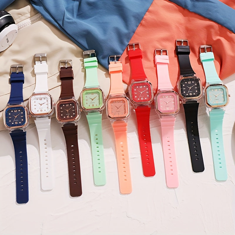 7pcs Quartz Watch Set Square Dial Silicone Strap Casual Multiple Options