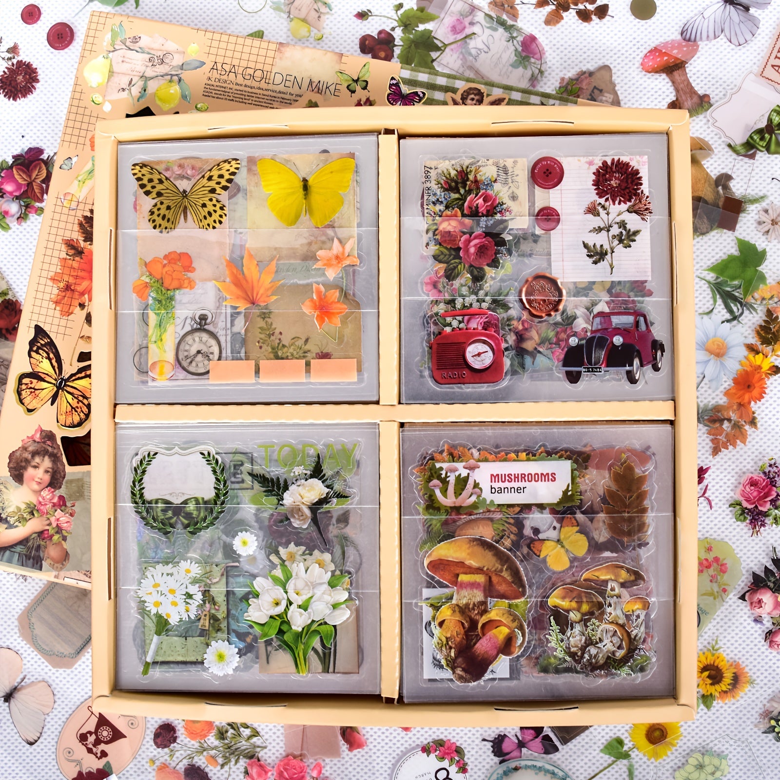 Vintage Floral Stickers Kit - Butterfly Mushroom Leaves