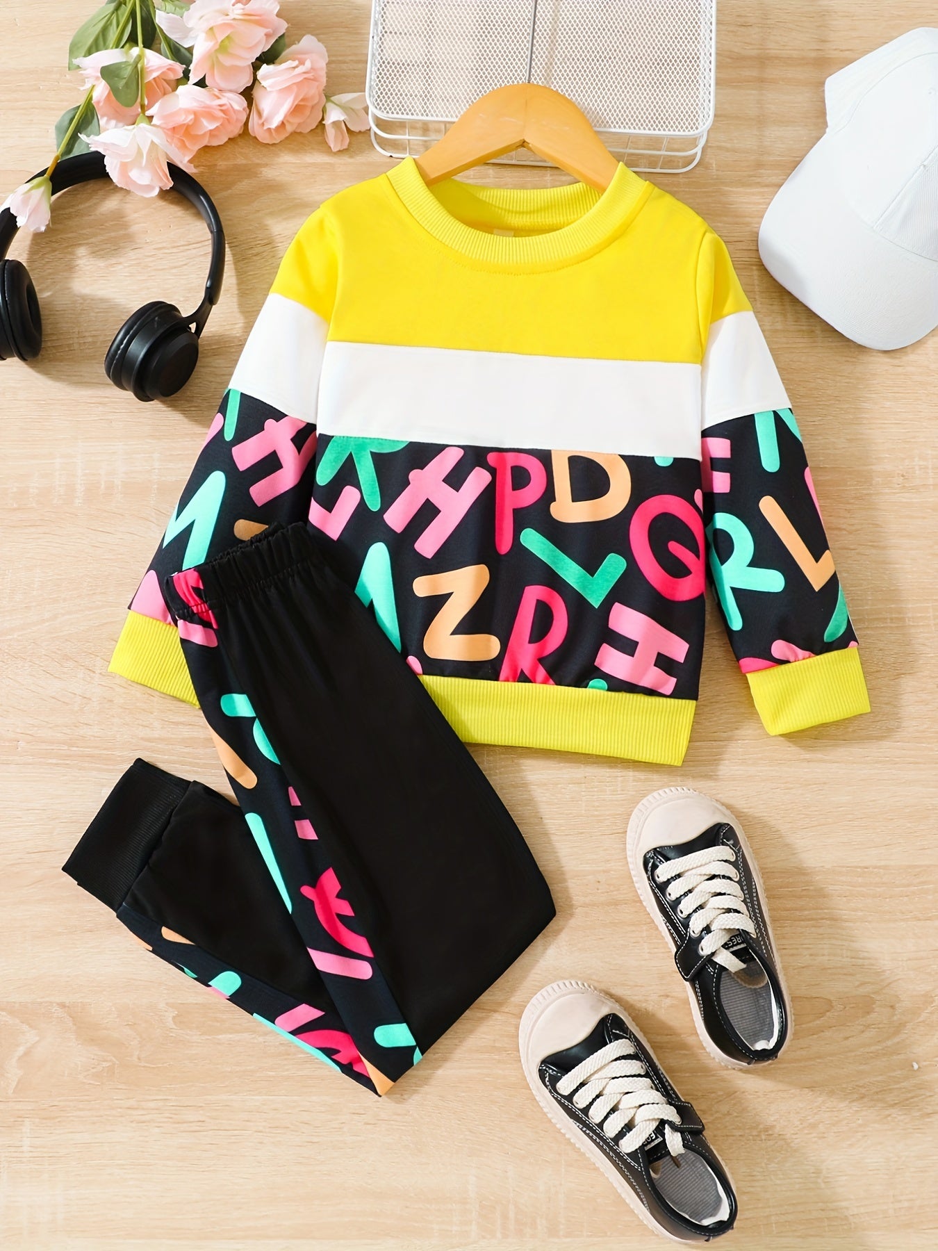 Girls Contrast Long Sleeve Sweatshirt & Sweatpants Set Winter Clothes
