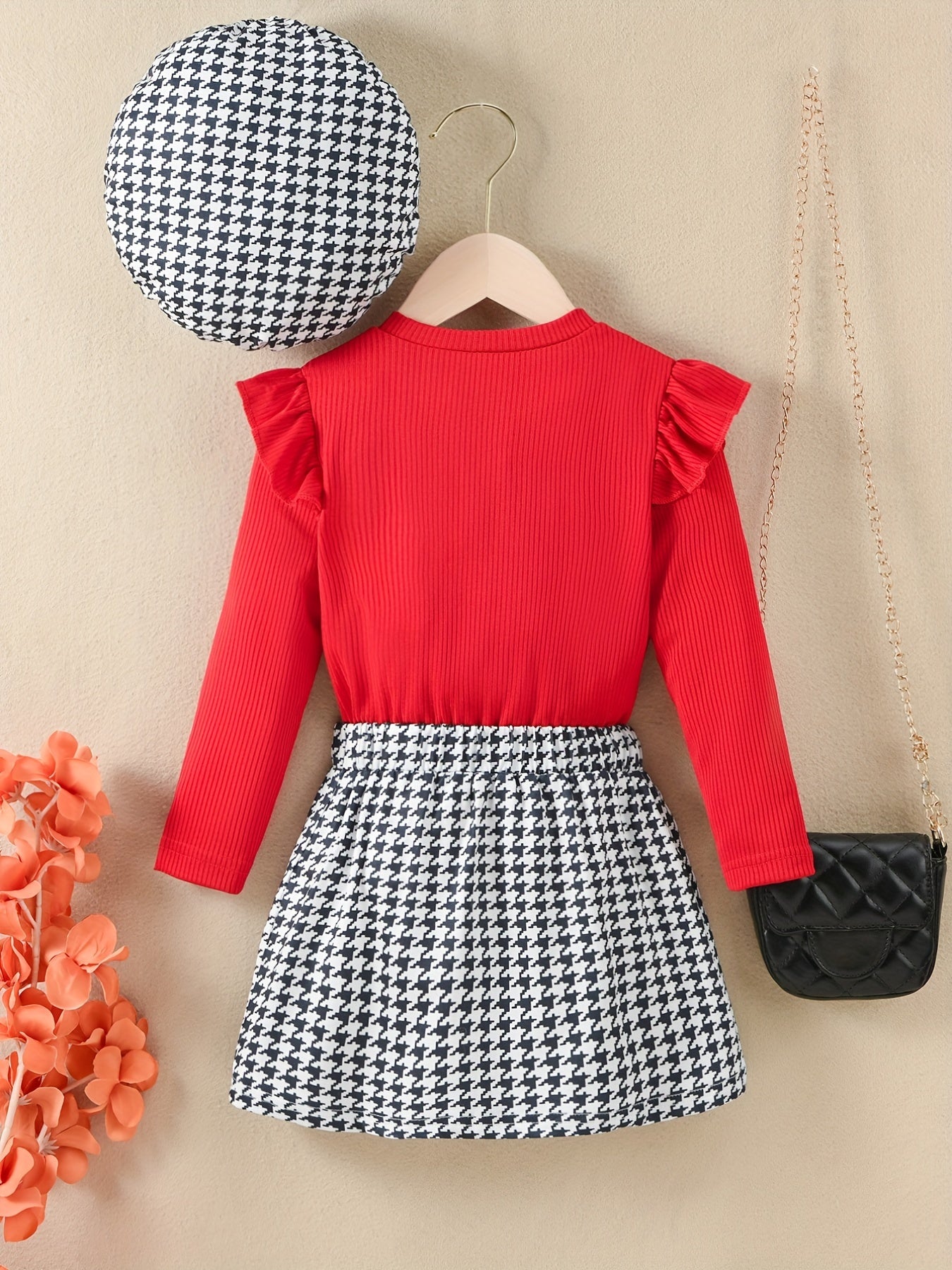 Girl's 3pcs Ribbed Top & Beret Hat & Houndstooth Skirt Set