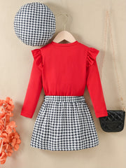 Girl's 3pcs Ribbed Top & Beret Hat & Houndstooth Skirt Set
