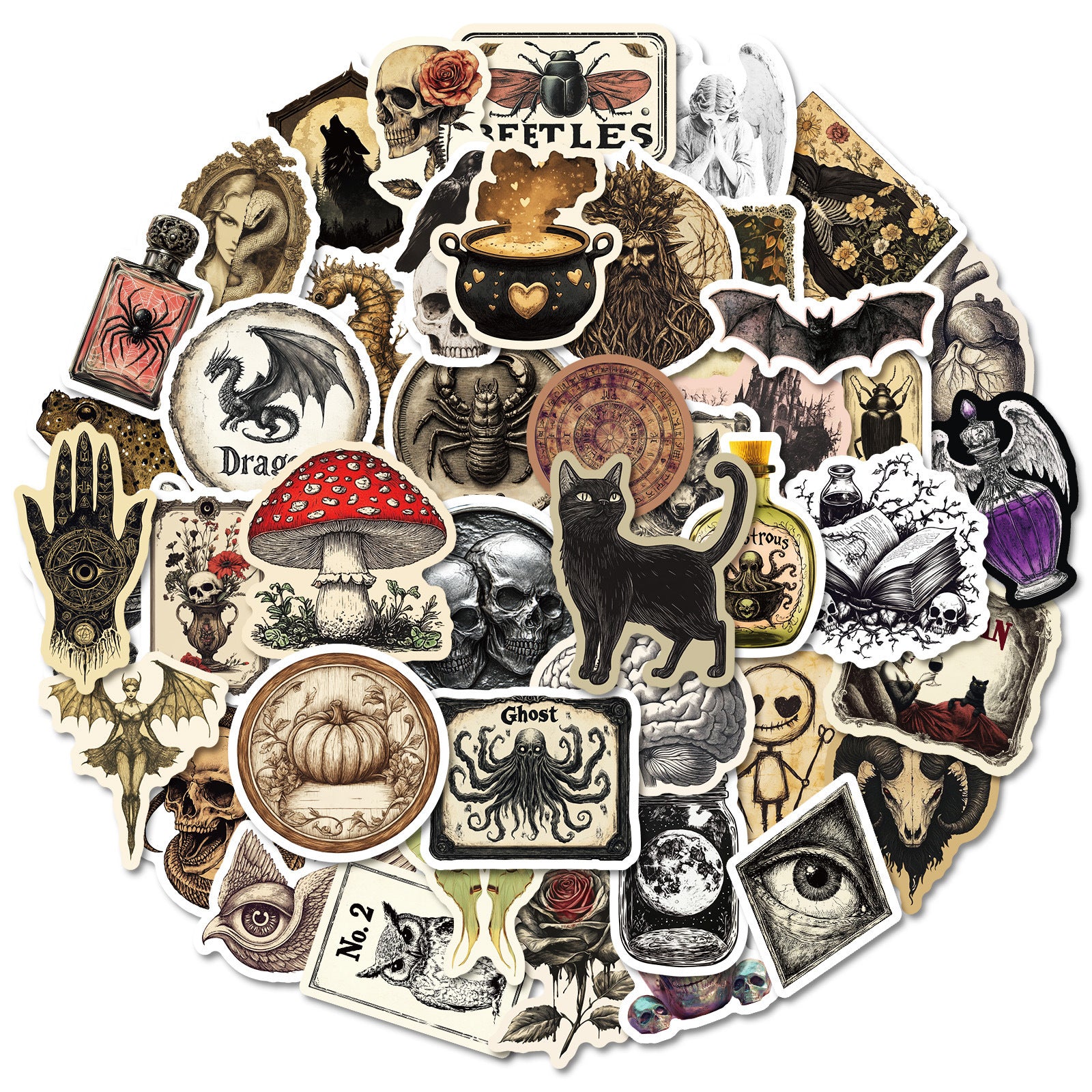 50pcs Vintage Goth Stickers Waterproof Vinyl Decals Skull Mushroom Bat Dragon