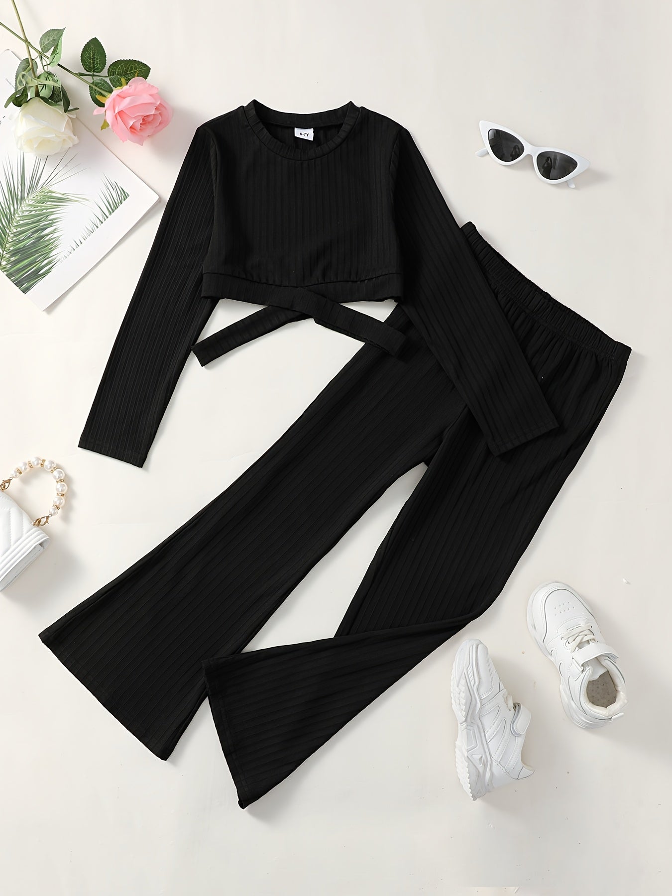 Girls Ribbed Cut Out Top & Flared Pants Set