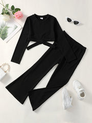 Girls Ribbed Cut Out Top & Flared Pants Set