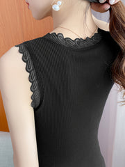 Lace Trim Thermal Top, Plush Ribbed, Sleeveless