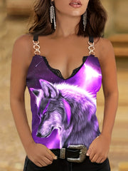 Wolf Print Lace Trim Cami Top Sexy Chain V Neck Summer Sleeveless Top