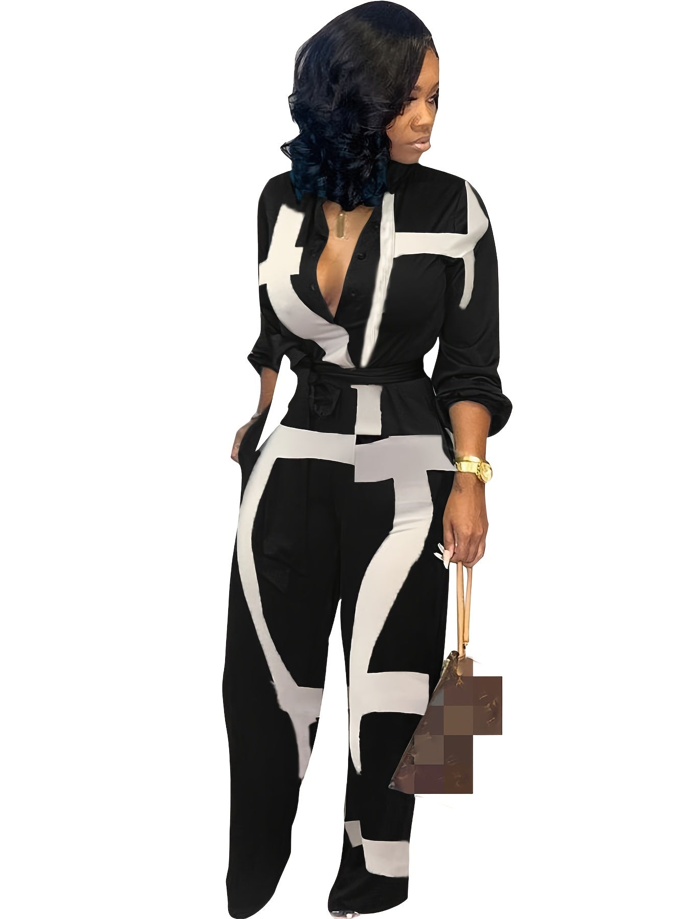 Newspaper Print Tie Front Jumpsuit Casual Button Down One Piece Jumpsuit