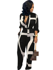 Newspaper Print Tie Front Jumpsuit Casual Button Down One Piece Jumpsuit