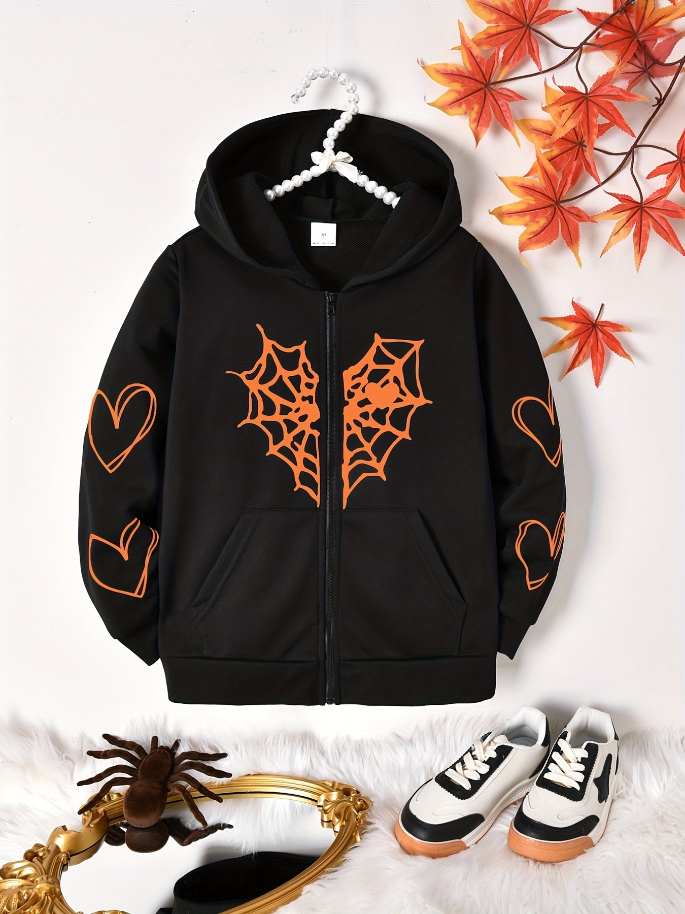 Girls Spider Web Heart Print Hoodie Jacket