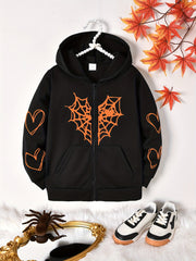 Girls Spider Web Heart Print Hoodie Jacket