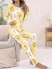Heart Print Pajama Set Long Sleeve Crew Neck Top & Elastic Waistband Pants