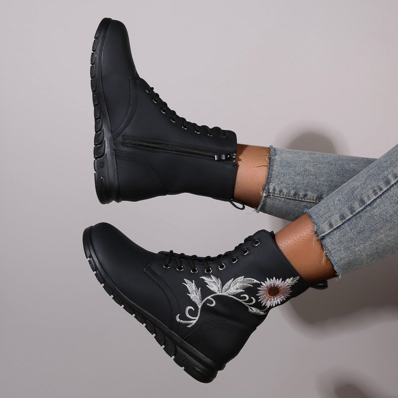 Floral Print Ankle Boots Flat Lace Zipper Combat Solid Shoes
