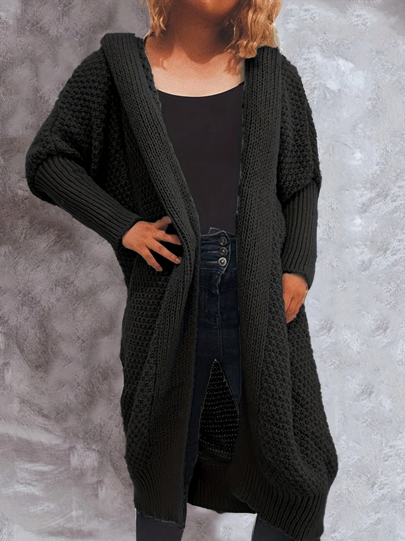 Solid Bat Sleeve Long Knit Hoodie Cardigan