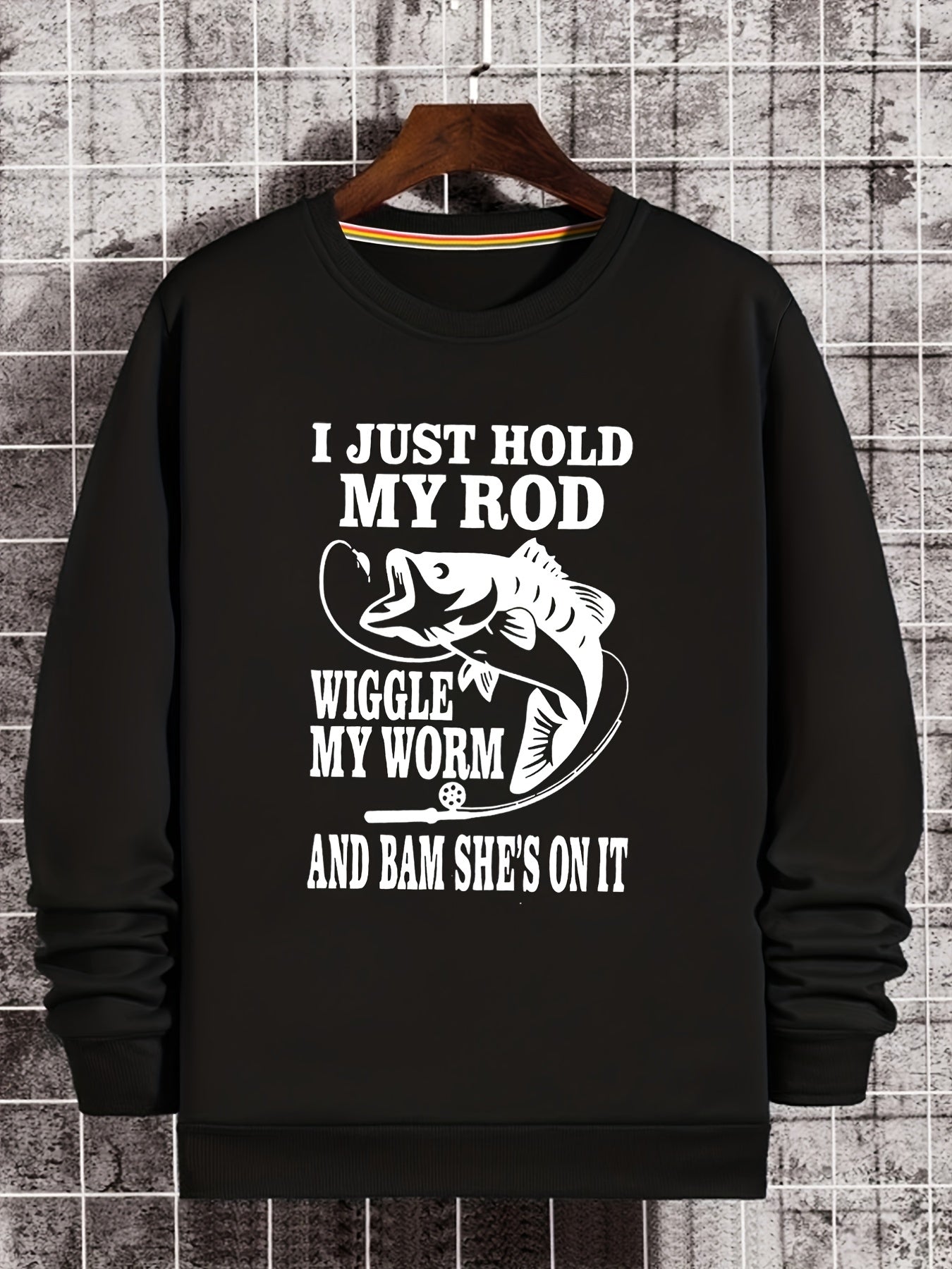 Funny Fishing Slogan Print Sweatshirt Men's Casual Crew Neck Pullover