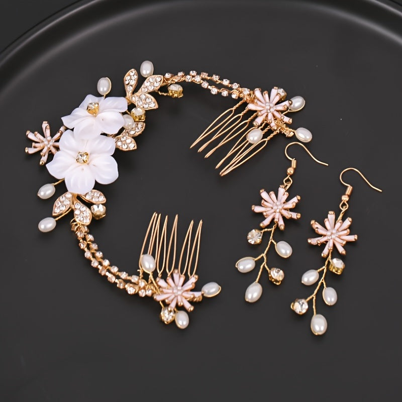Golden Rhinestone Faux Pearl Bridal Jewelry Set Hanfu Wedding Accessories