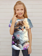 Sweet Flower & Cat Graphic Tee for Girls