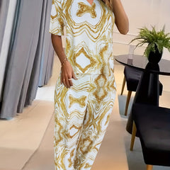 Marble Print Casual Two Piece Set Tee & Pants Outfits