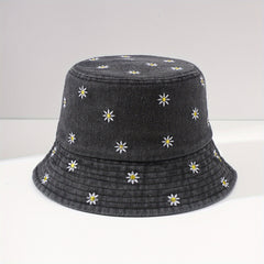 Daisy Embroidery Bucket Hat Distressed Foldable Basin Hat