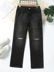 Girls' Ripped Straight Leg Retro Jeans Solid Fit Denim Pants