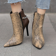 Women's Snakeskin Stiletto Boots Metal Chain Decor Short Boots
