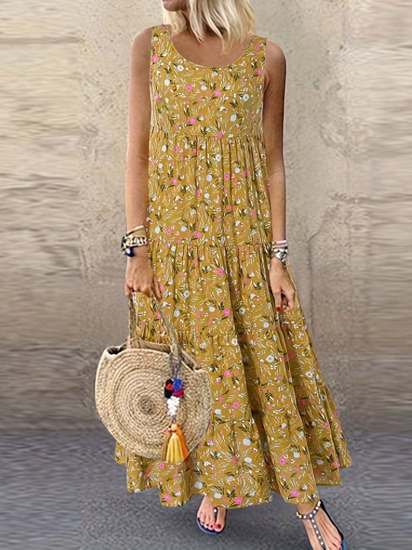 Floral Print Tank Dress Vintage Sleeveless Ruched Dress