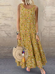 Floral Print Tank Dress Vintage Sleeveless Ruched Dress