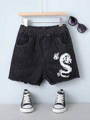 Girls Dragon Print Denim Shorts Kids Summer Clothes