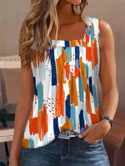 Colorful Print Square Neck Tank Top Sleeveless Summer Top