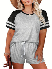 Colorblock Stripe Print Tee & Drawstring Shorts Set