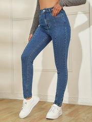 Solid Pintuck Tapered Jeans High Rise Slash Pocket Denim Pants