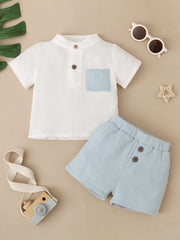 2pcs Baby Boys Button Collar Short Sleeve Shirt & Shorts Set