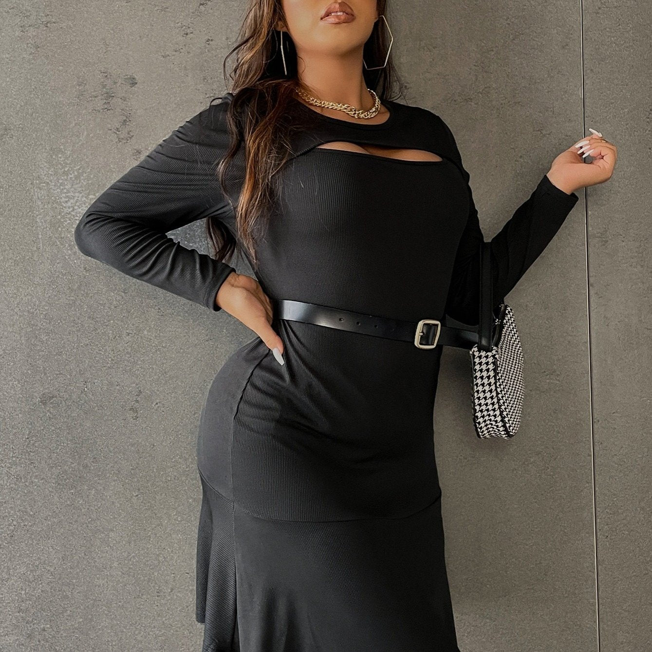Solid Bodycon Dress Crew Neck High Stretch Slim Fit Dress