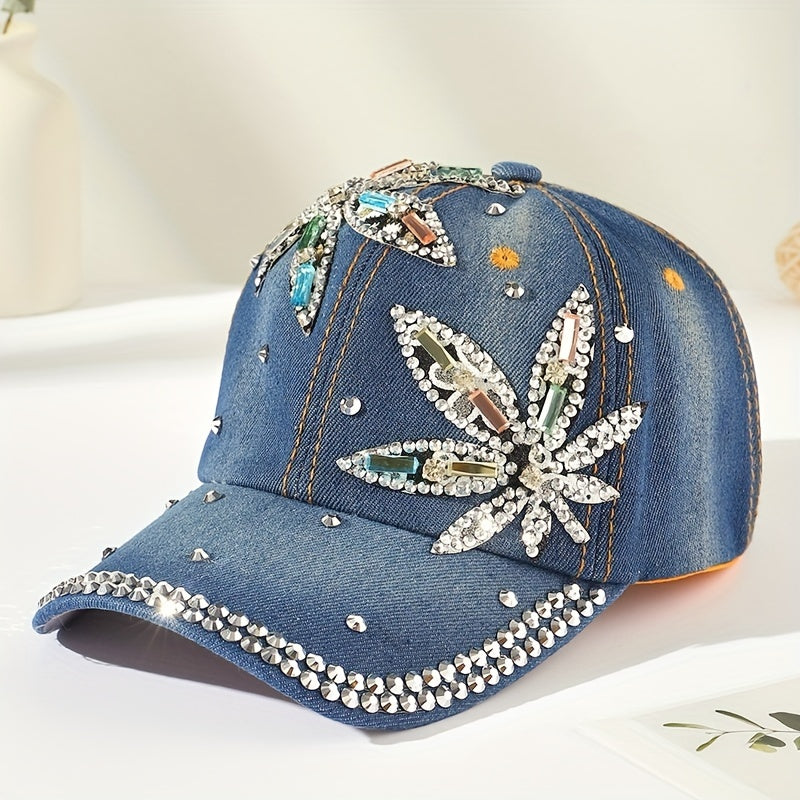 Rhinestone Leaf Patch Baseball Cap Denim Distressed Dad Hat