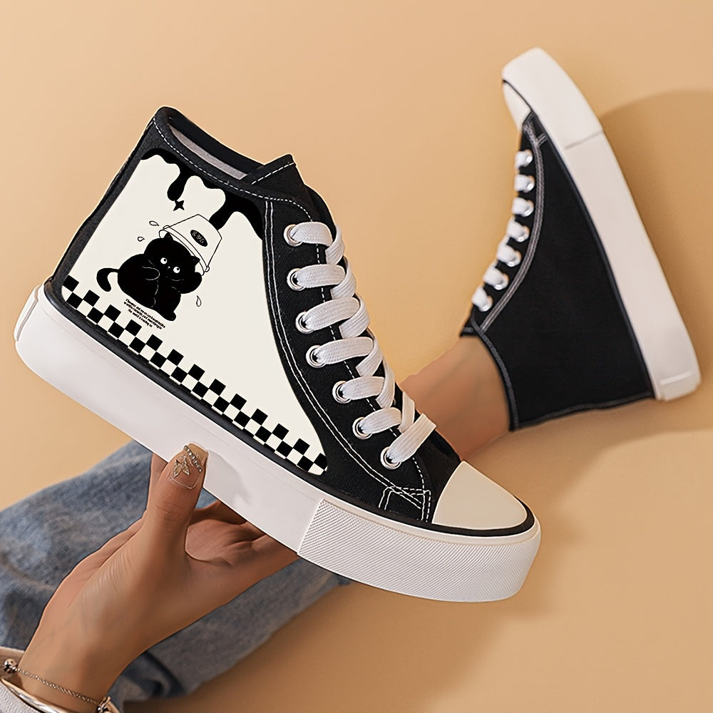 Cat & Plaid Pattern Canvas High Tops Lightweight Lace Up Flats