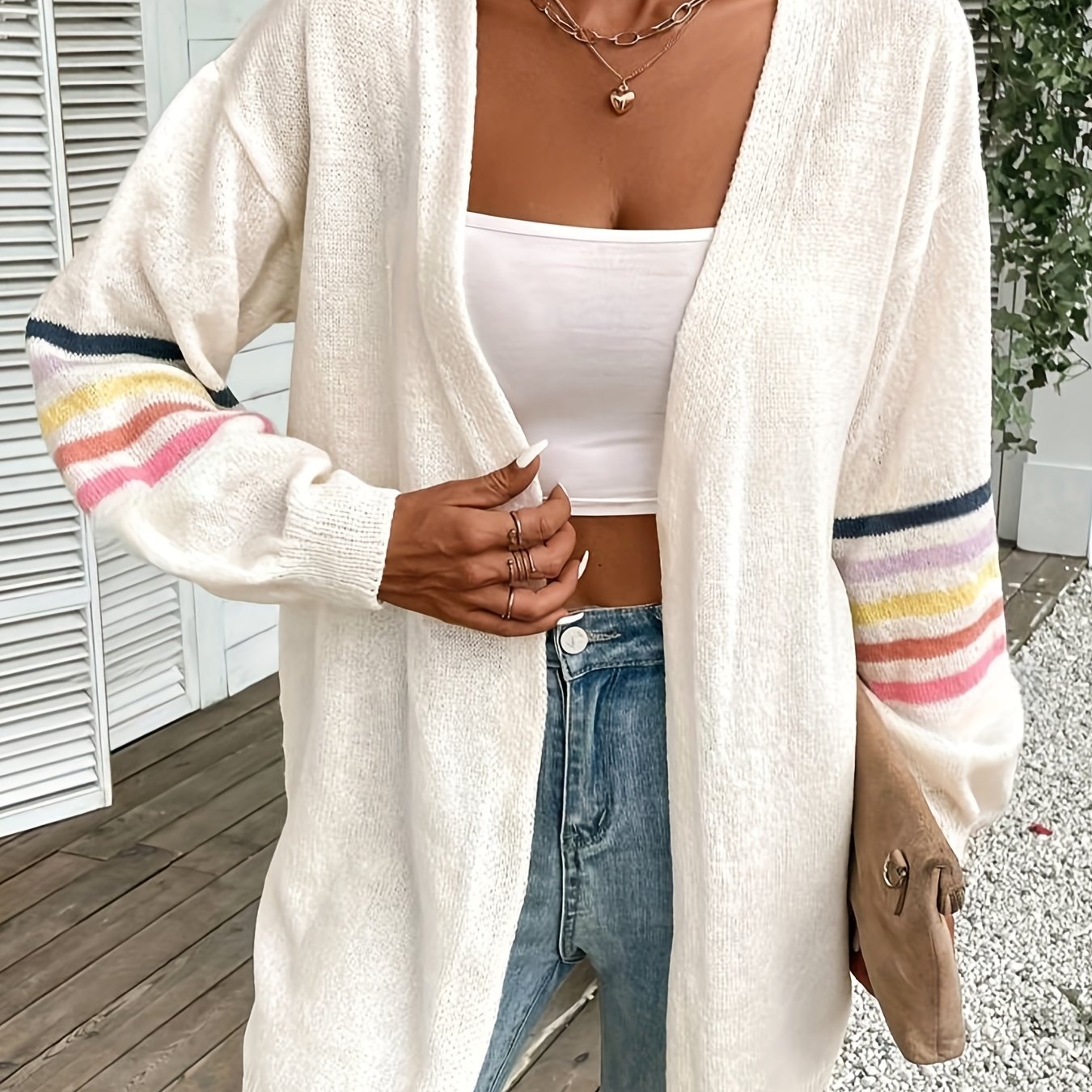 Plus Stripe Print Long Sleeve Open Front Cardigan