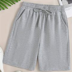 Casual Solid Sports Shorts With Pockets Tie Waist for Women