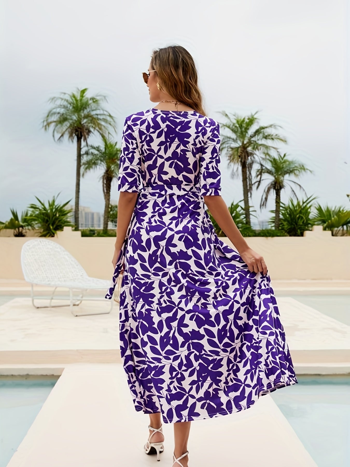 Leaf Print Cover Up Dress V Neck Half Sleeves Beachwear Dress