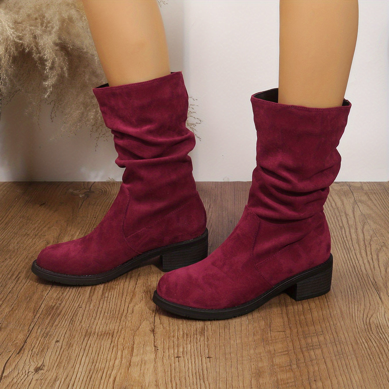 Mid Calf Retro Slouch Boots Low Heel Slip On Round Toe