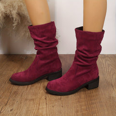 Mid Calf Retro Slouch Boots Low Heel Slip On Round Toe