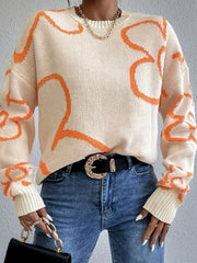 Flower Pattern Knitted Pullover Sweater Crew Neck Long Sleeve for Fall & Winter