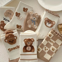 7 Pairs Bear Print Cartoon Socks Women's Mid Tube Stockings