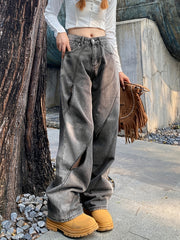 Cut Out Stitching Detail Wide Leg Jeans Dark Grey