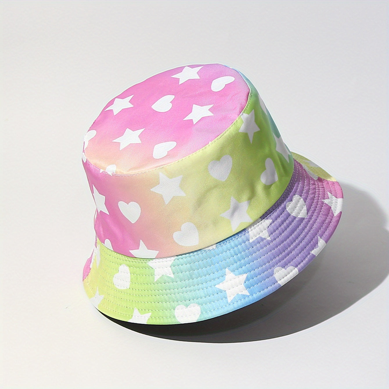 Gradient Pink Bucket Hat Star Heart Print Lightweight Sunscreen Fisherman Cap