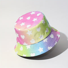 Gradient Pink Bucket Hat Star Heart Print Lightweight Sunscreen Fisherman Cap