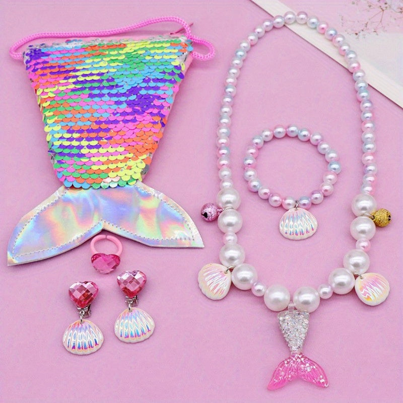 Girls Mermaid Tail Bag & Shell Pendant Bracelet Set