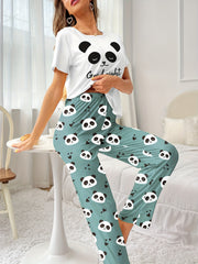 Panda Print Pajama Set Short Sleeve Top & Pants