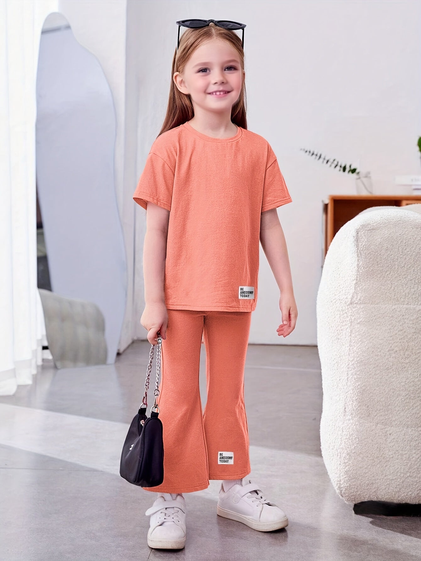 Girl's 2pcs Tshirt & Flared Pants Set BE AWESOME TODAY Patched Short Sleeve Top